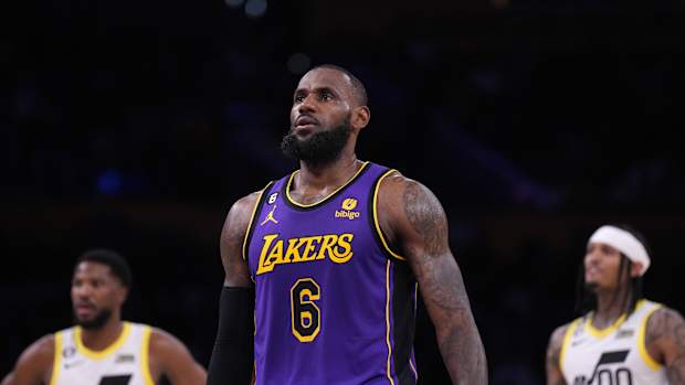 Los Angeles Lakers forward LeBron James (6) reacts against the Utah Jazz in the first half at Crypto.com Arena.